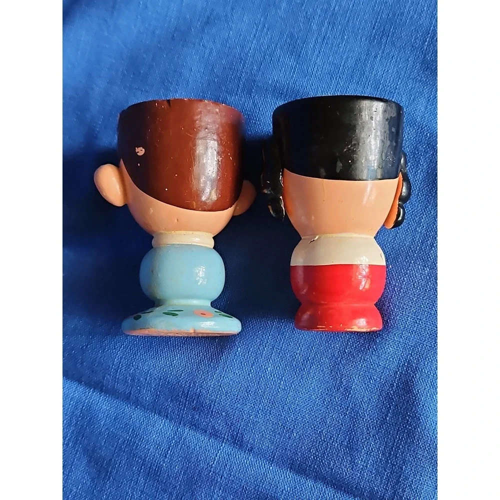 2‎ Wooden Egg Cups BOY GIRL Handmade Italy Sevi Vintage 1950s Hand Painted